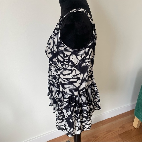 Nicole Miller Black White Graffiti Print Cold Shoulder Bell Sleeve V-Neck Blouse - Picture 2 of 10